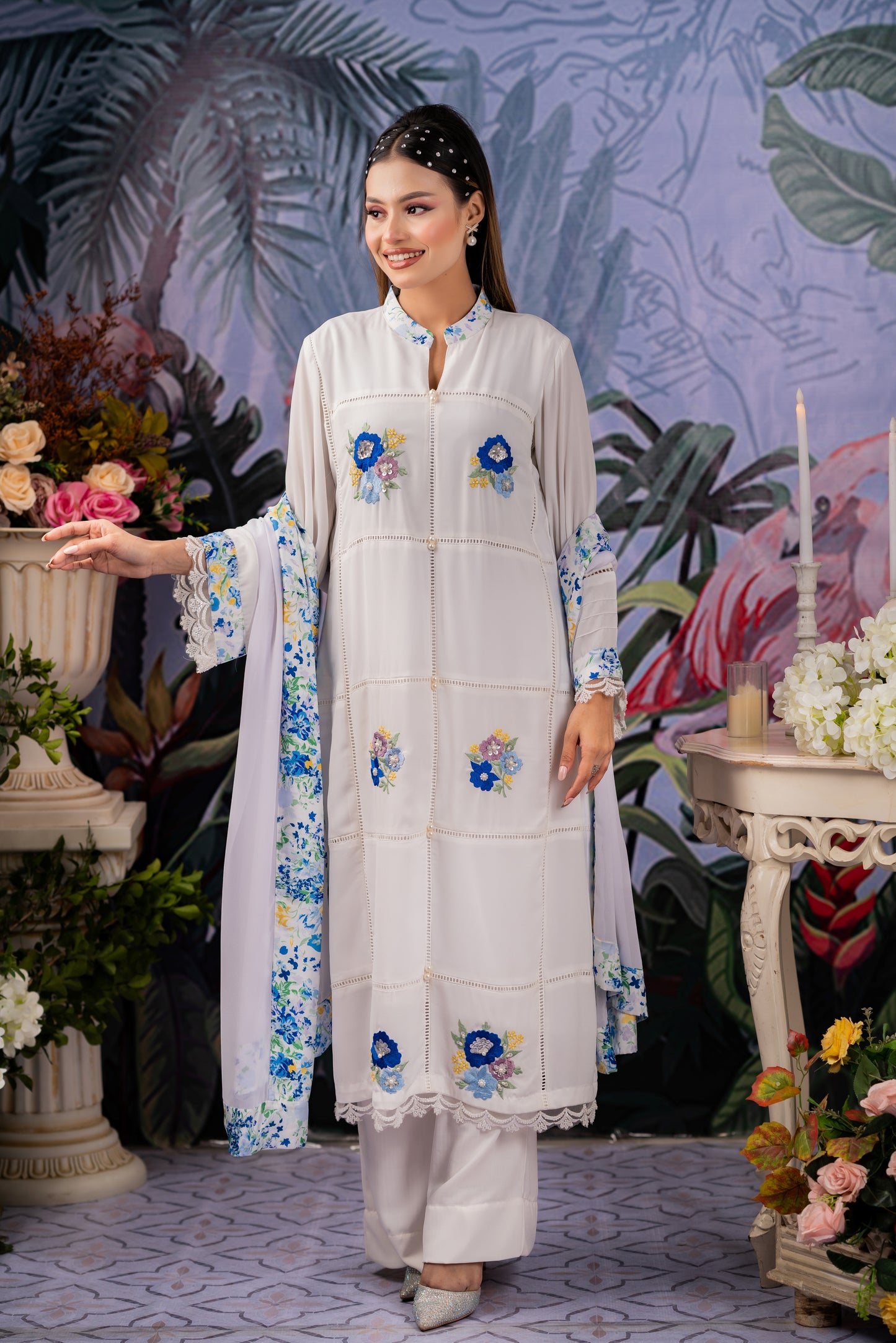 White Bloom Embroidered Kameez & Dupatta Set