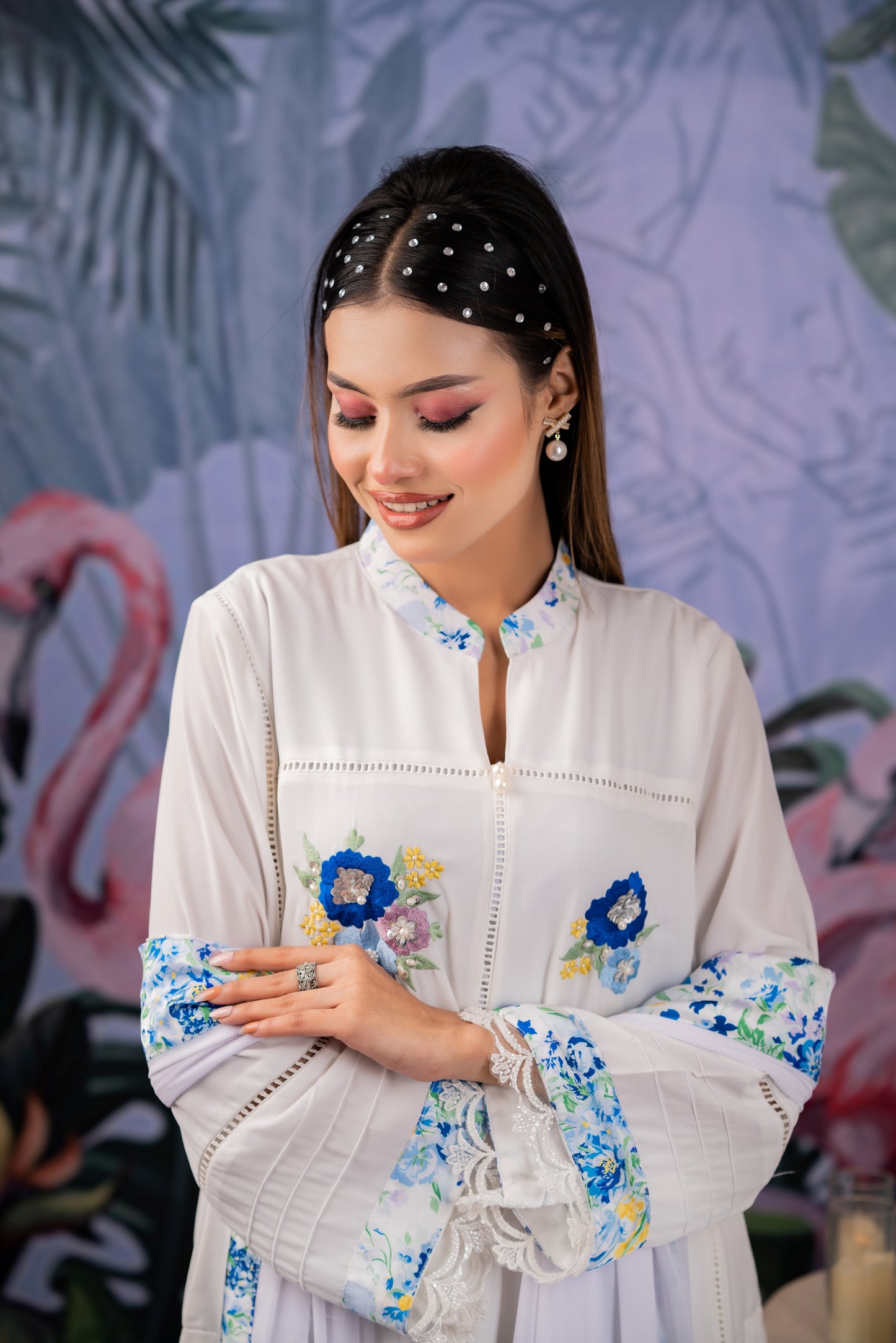 White Bloom Embroidered Kameez & Dupatta Set