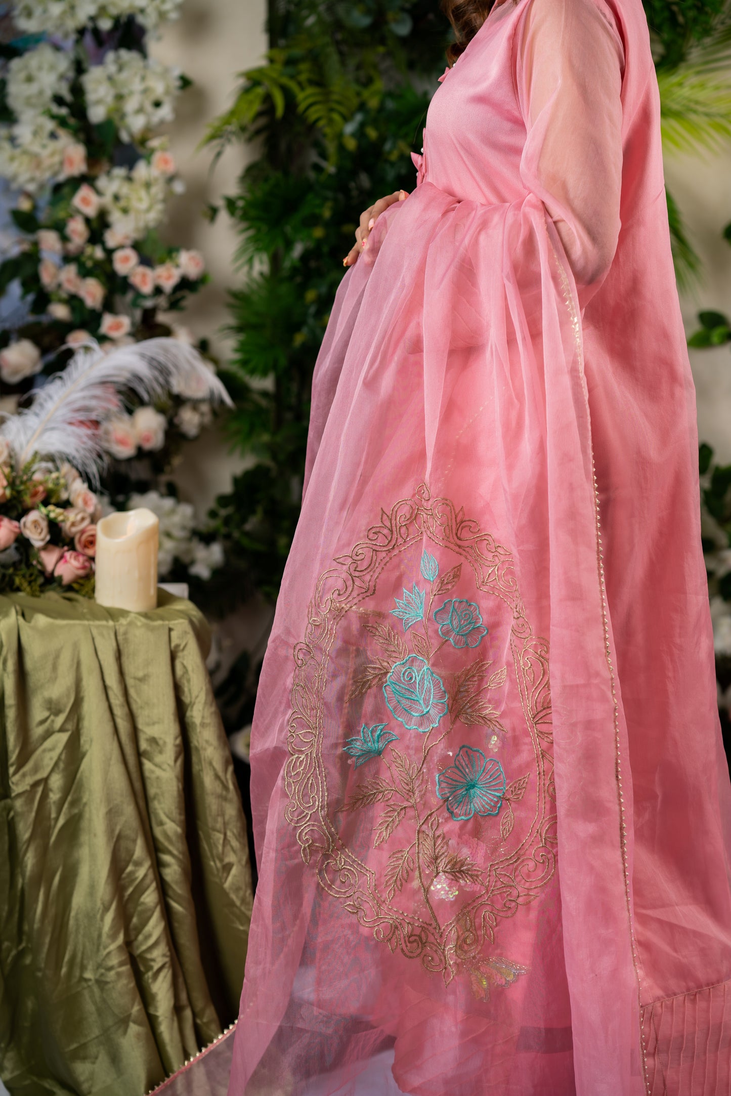 Blush Pink Embroidered Organza Dupatta