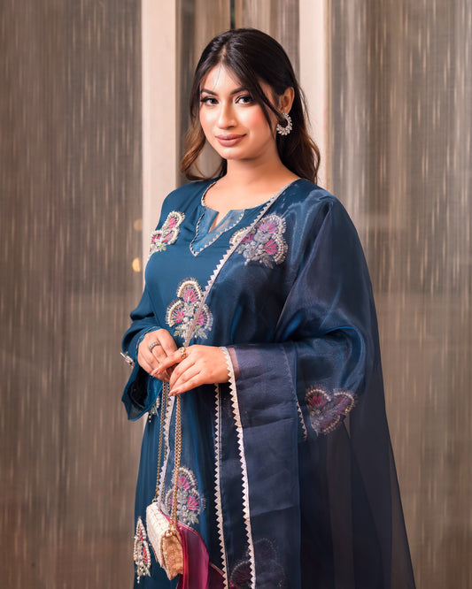 Teal Blue Embroidered Kurti