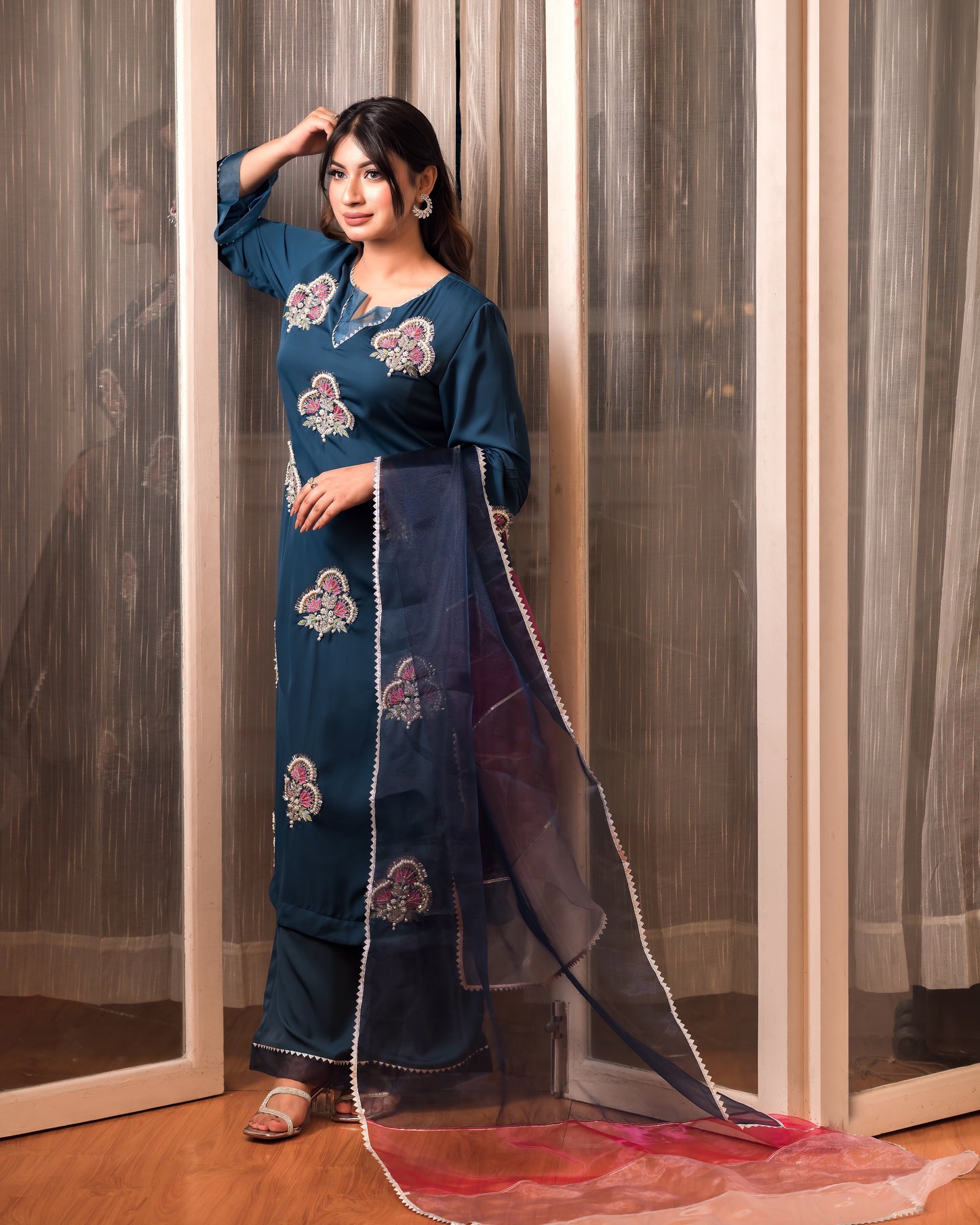 Teal Blue Embroidered Kurti