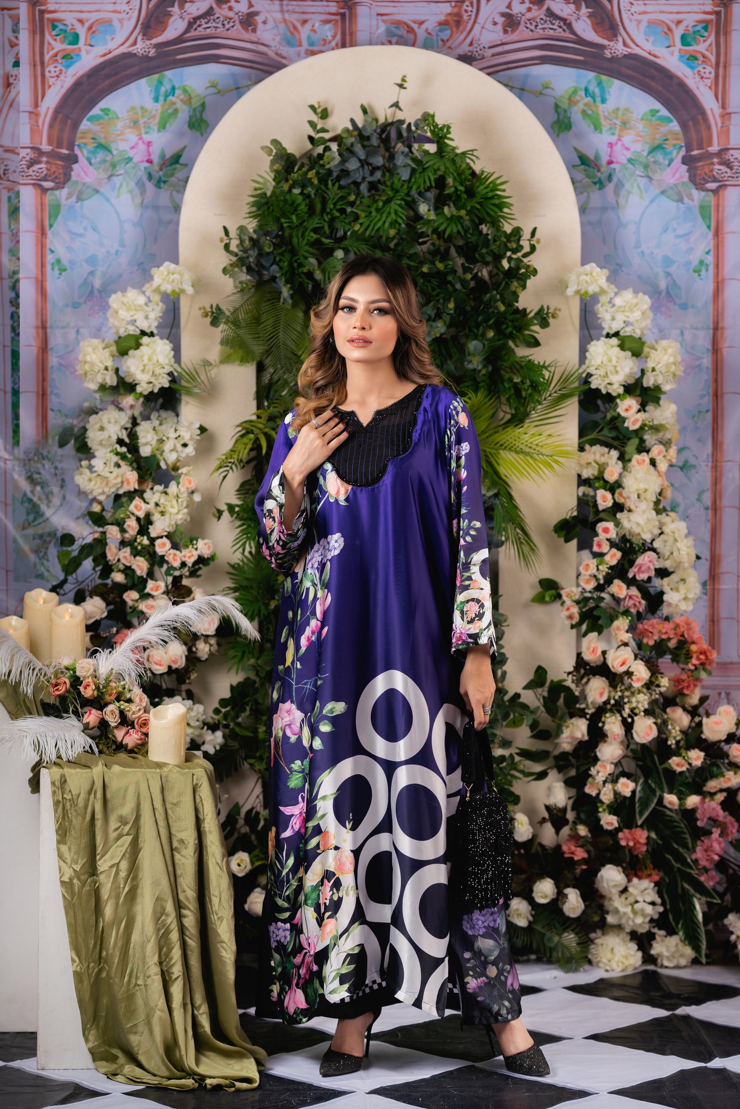 Royal Indigo Floral Long Kameez And Pant