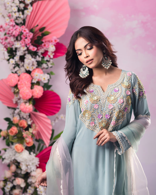 Elegant Sky Blue Embroidered Kurti
