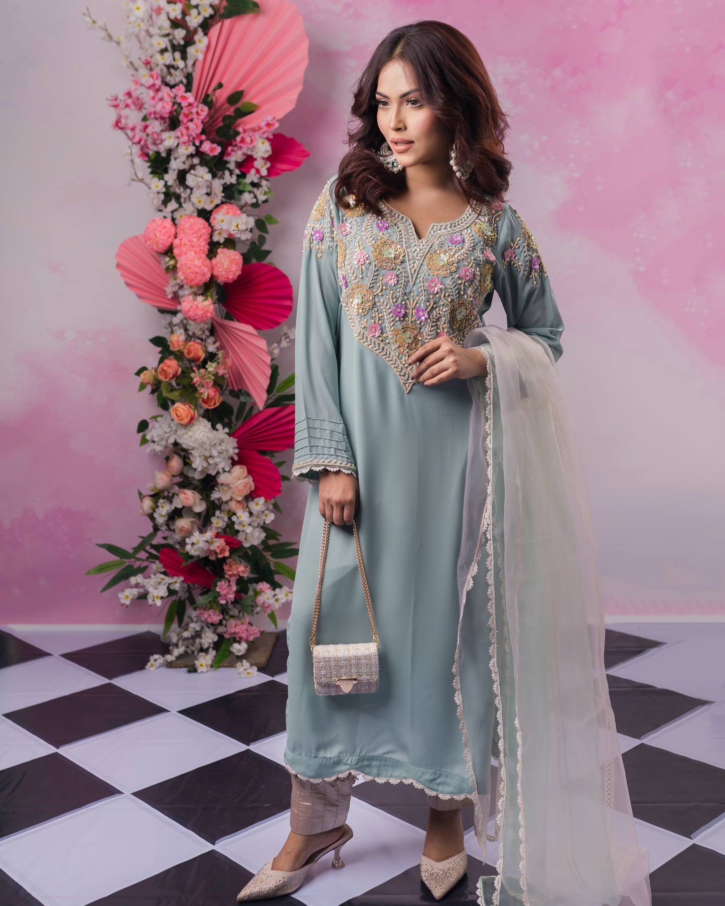 Elegant Sky Blue Embroidered Kurti