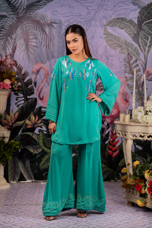 Aqua Teal Embellished Co-Ord Set