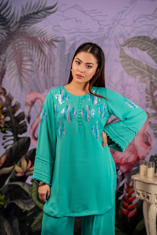 Aqua Teal Embellished Co-Ord Set