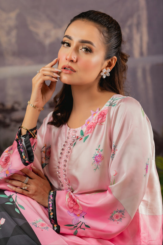 Floral Elegance Silk Long Kameez And Pant