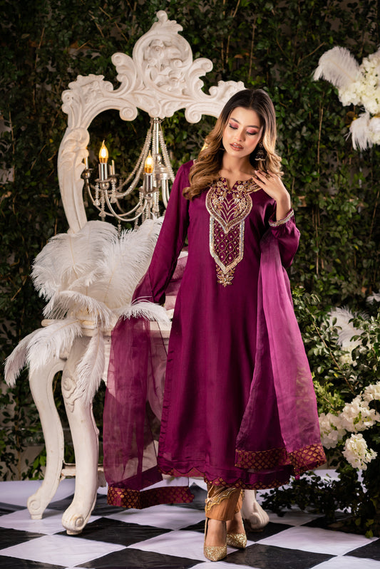Regal Plum Embroidered Kameez