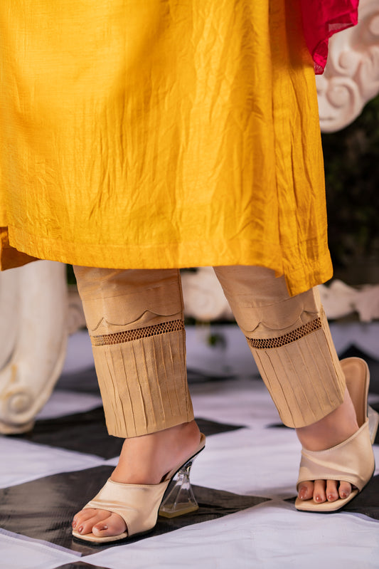 Beige Pleated Cigarette Pants with Lace Detailing