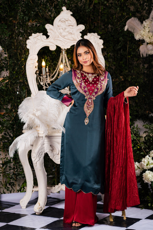 Teal Velvet Yoke Embroidered Kameez