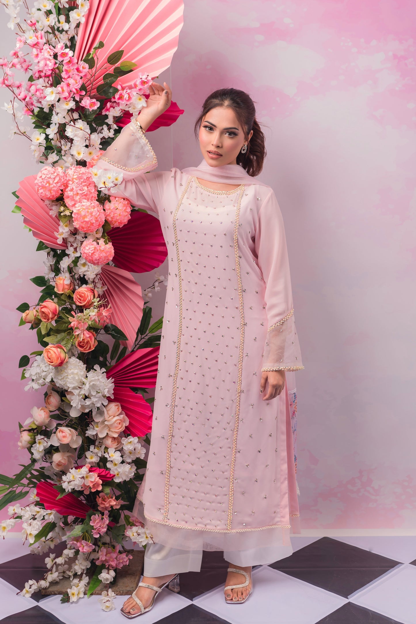 Baby Pink Stone Studded Kameez & Dupatta