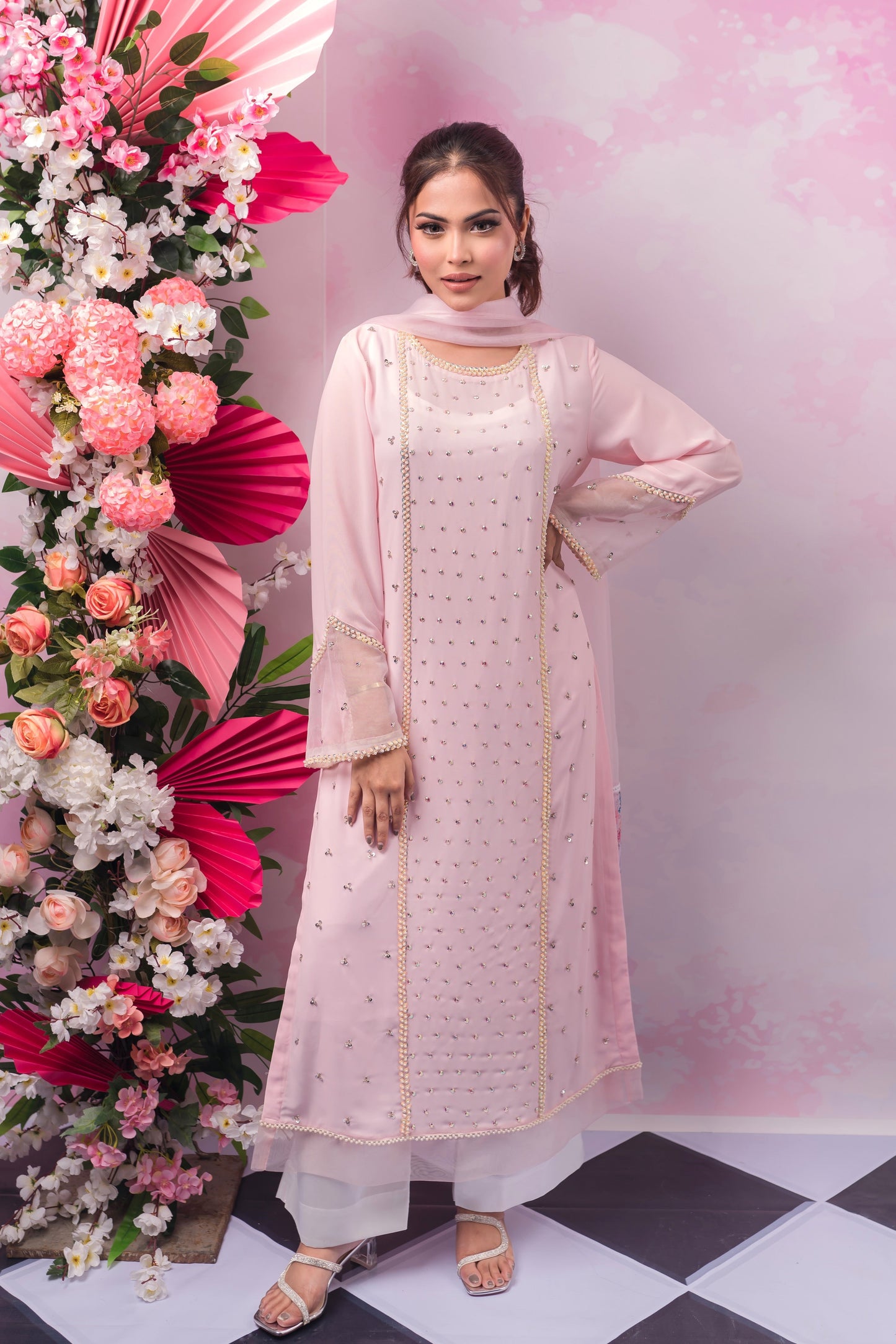 Baby Pink Stone Studded Kameez & Dupatta