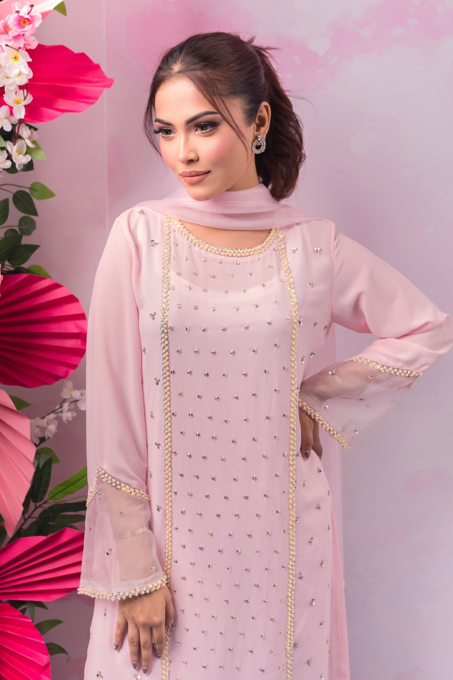 Baby Pink Stone Studded Kameez & Dupatta