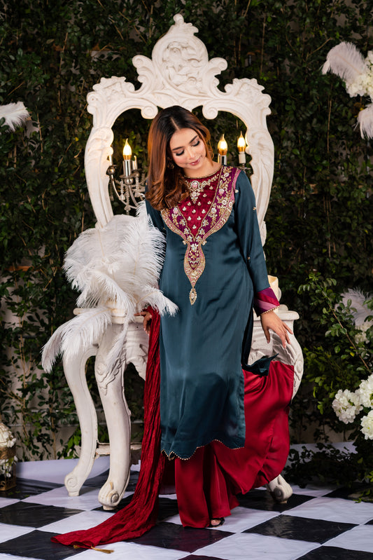 Teal Velvet Yoke Embroidered Kameez