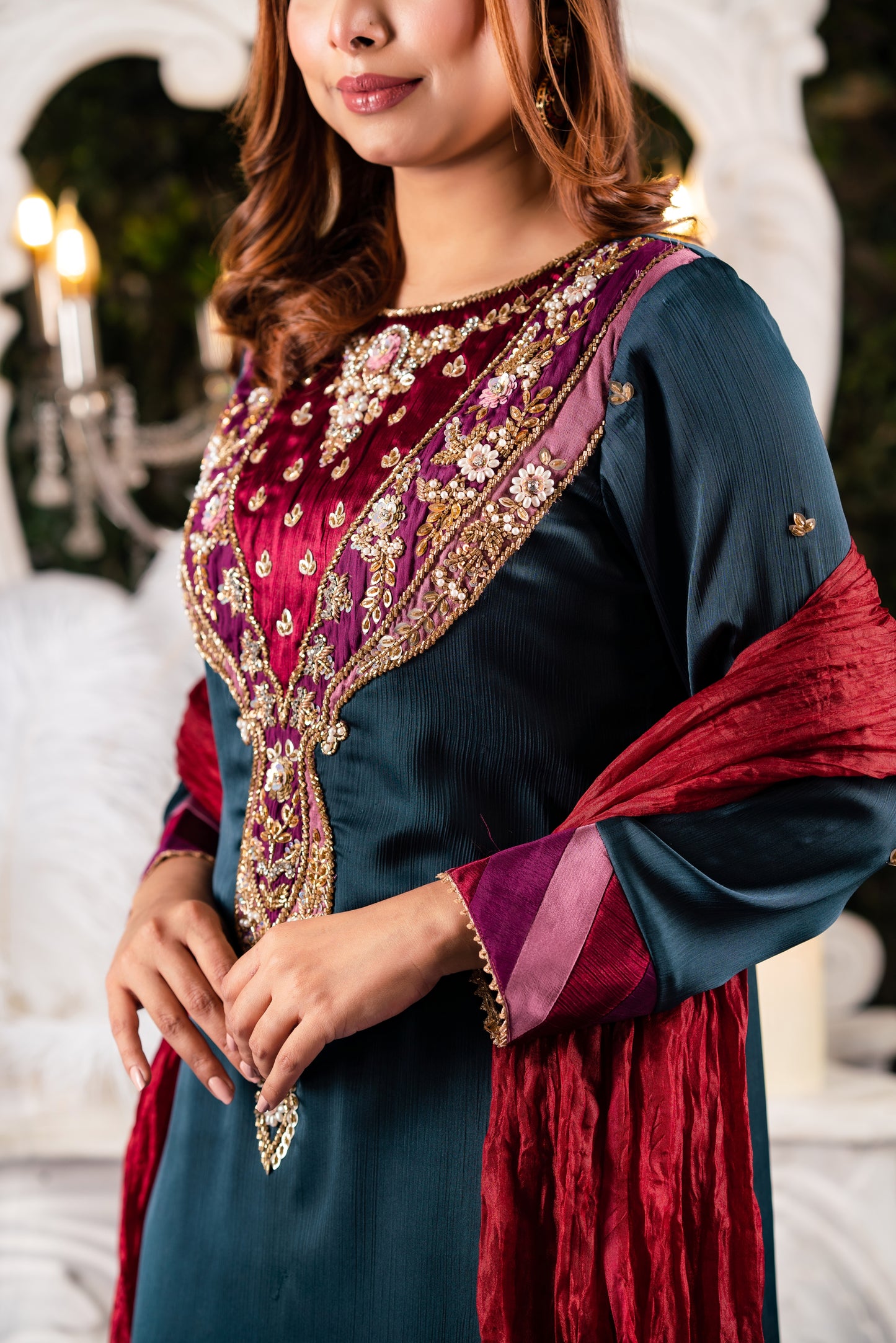 Teal Velvet Yoke Embroidered Kameez