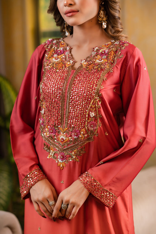 Coral Elegance Embellished Kameez and pant set