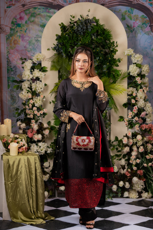 Black & Red Embellished Kameez And Pant Set