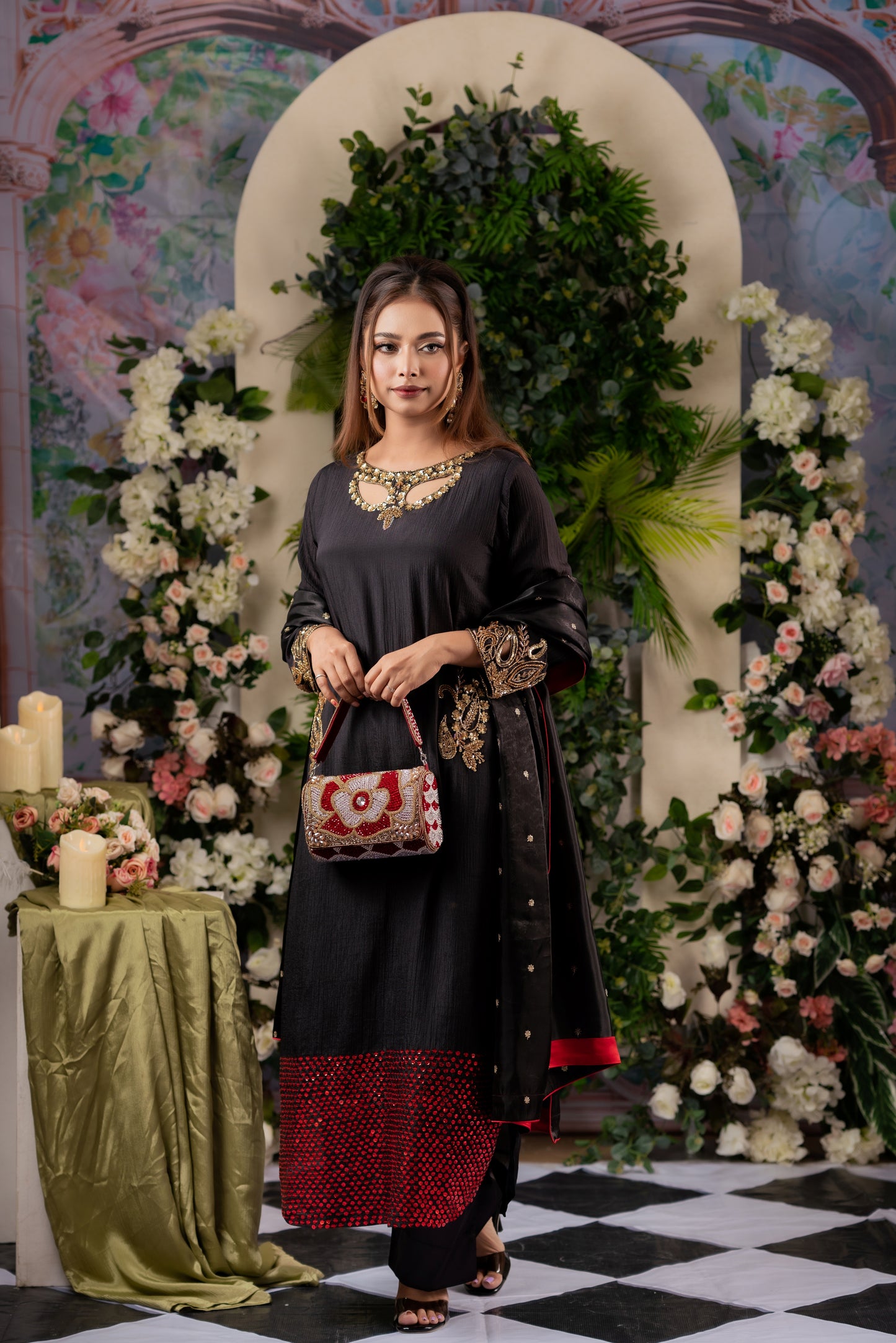 Black & Red Embellished Kameez And Pant Set