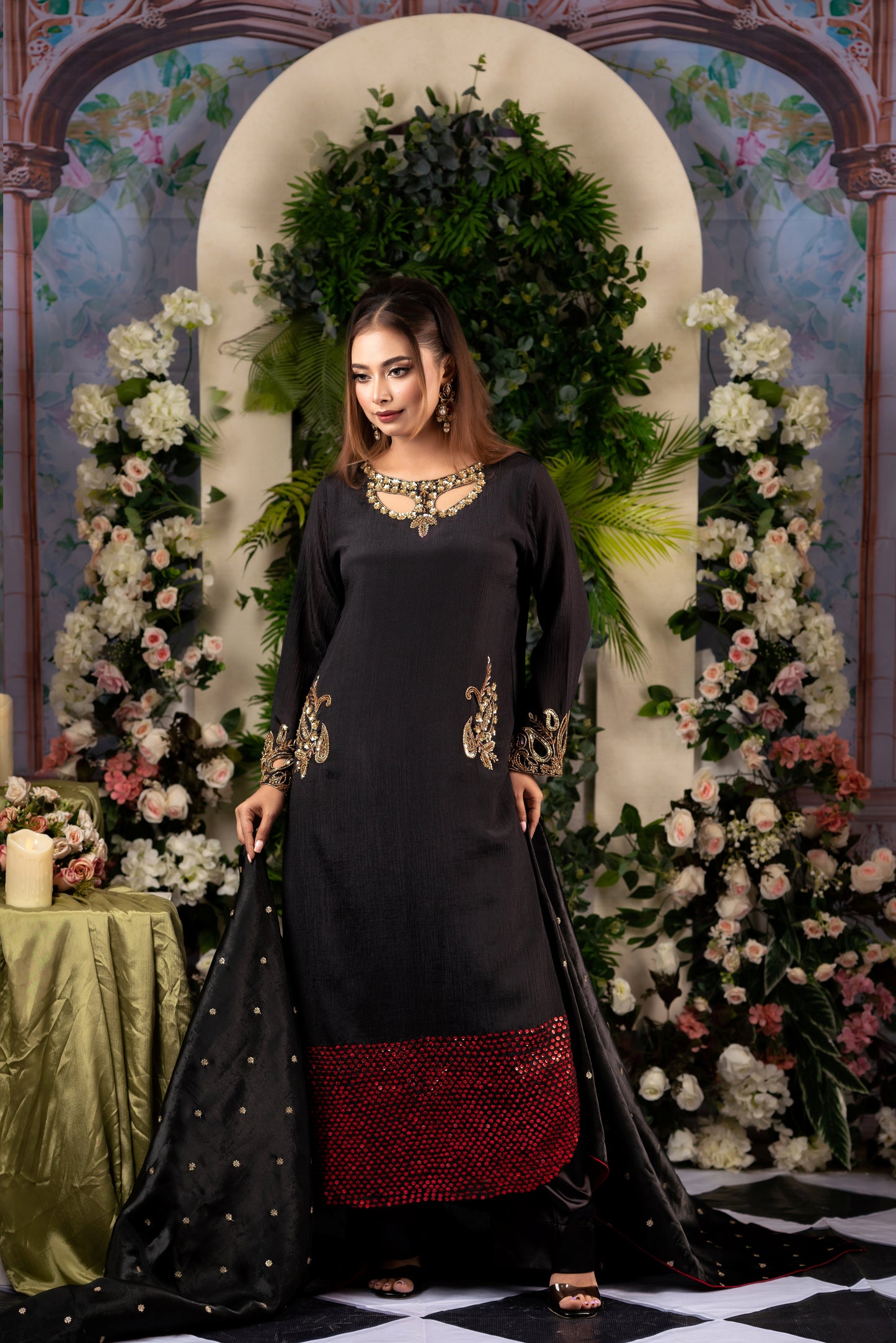 Black & Red Embellished Kameez And Pant Set