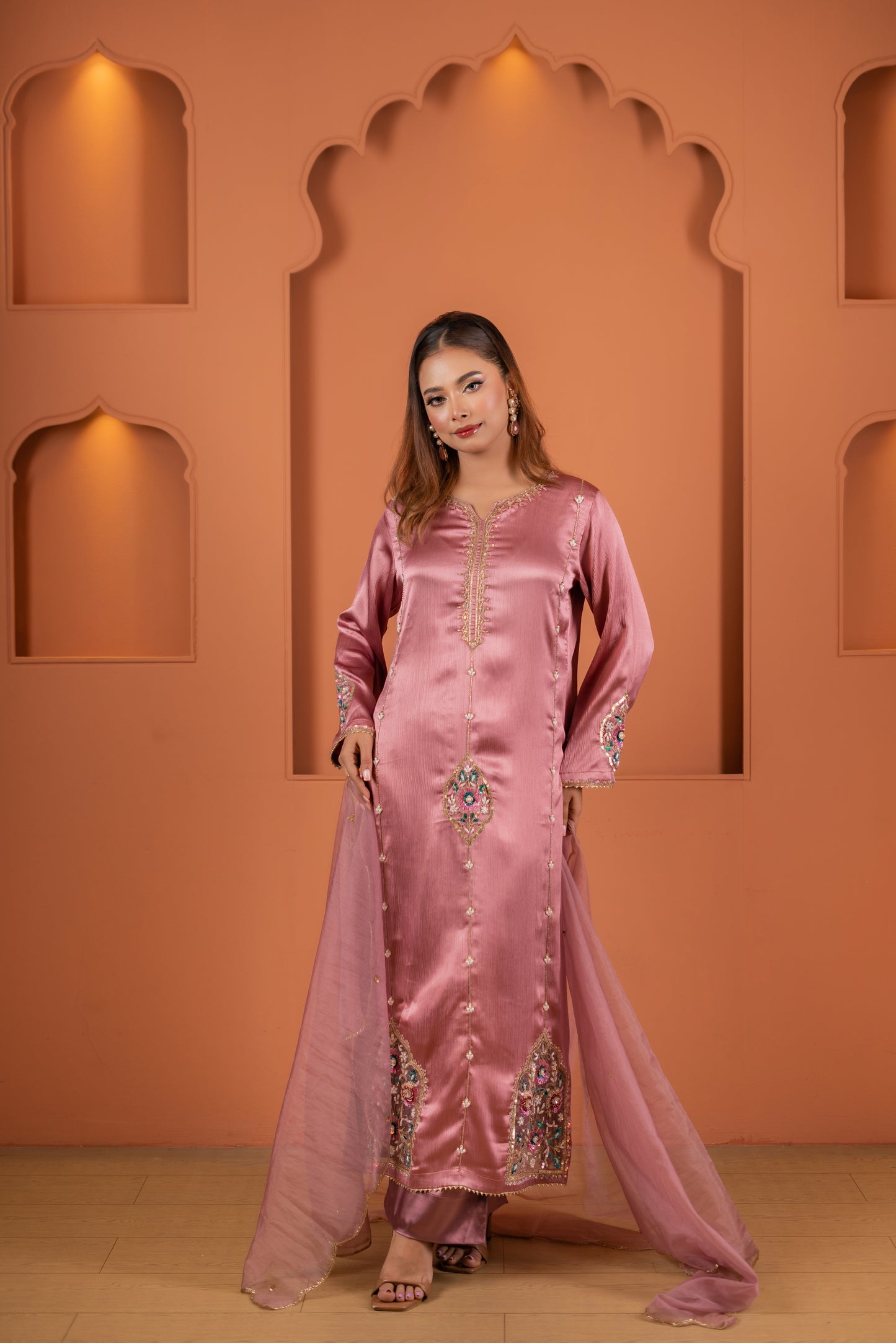Rose Glow Embellished Silk Kameez And Pant