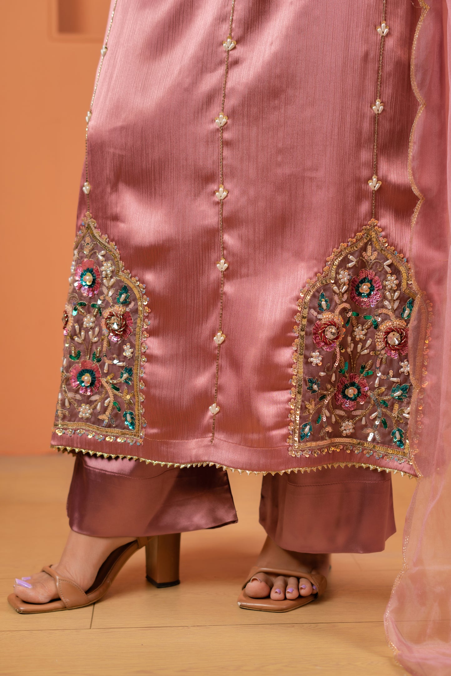 Rose Glow Embellished Silk Kameez And Pant