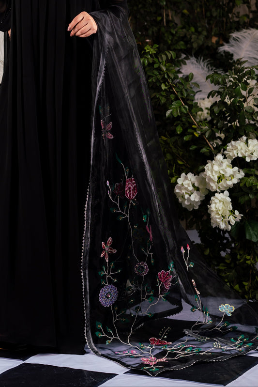 Black Handpainted Floral Dupatta