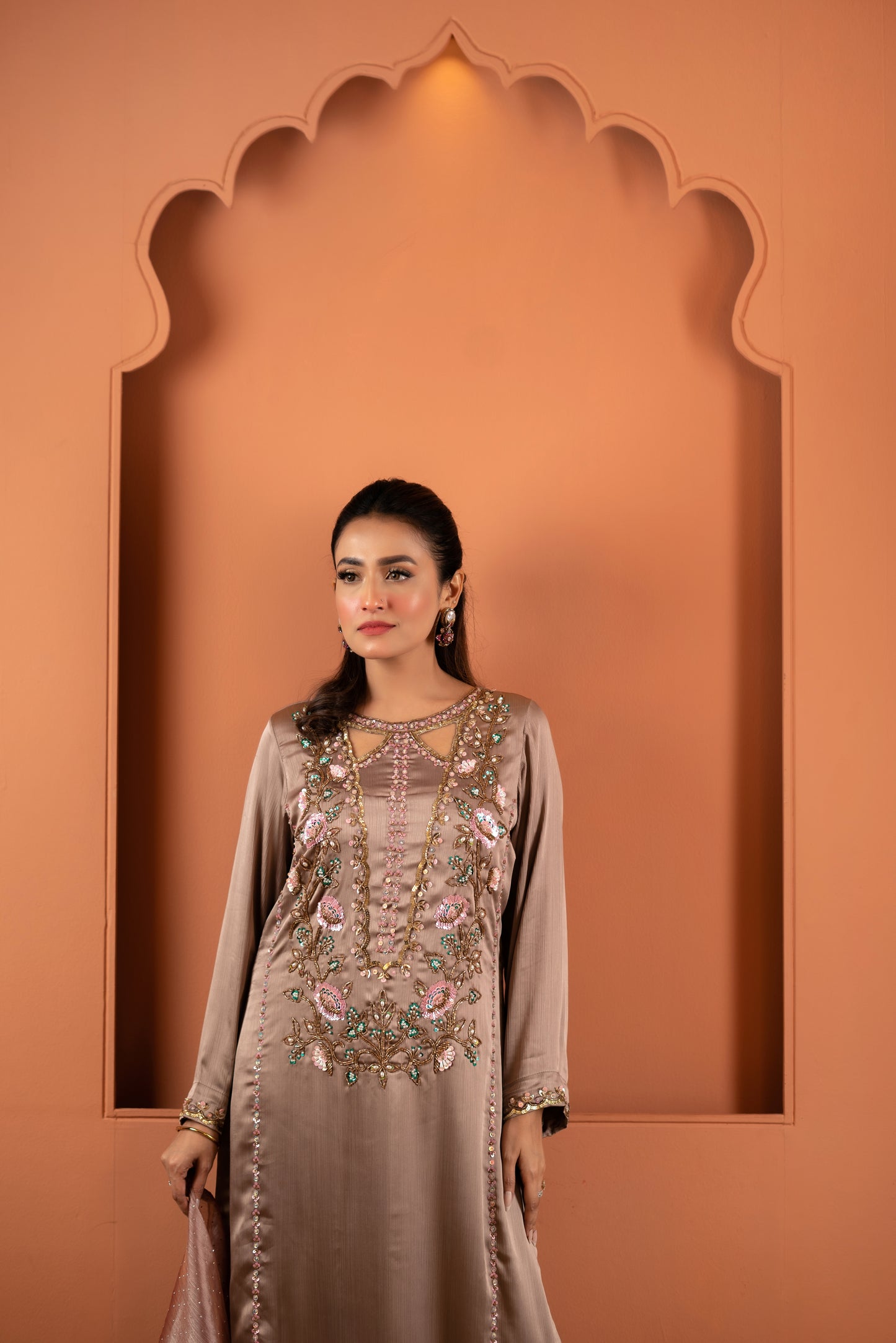 Mocha Rose Embroidered Silk Kameez And Pant Set