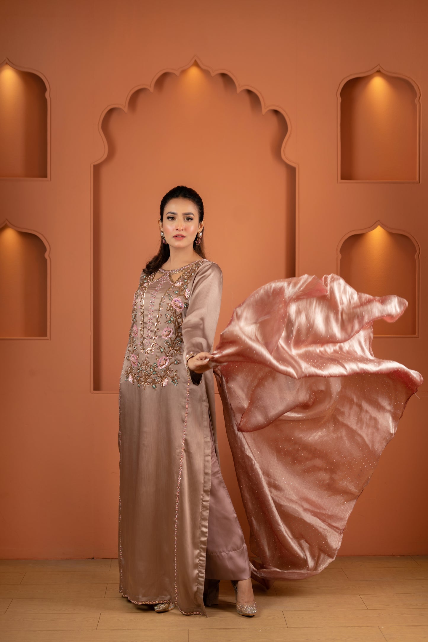 Mocha Rose Embroidered Silk Kameez And Pant Set