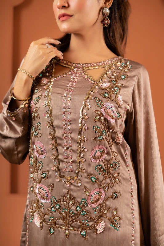 Mocha Rose Embroidered Silk Kameez And Pant Set