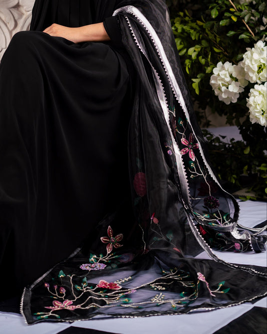 Black Handpainted Floral Dupatta