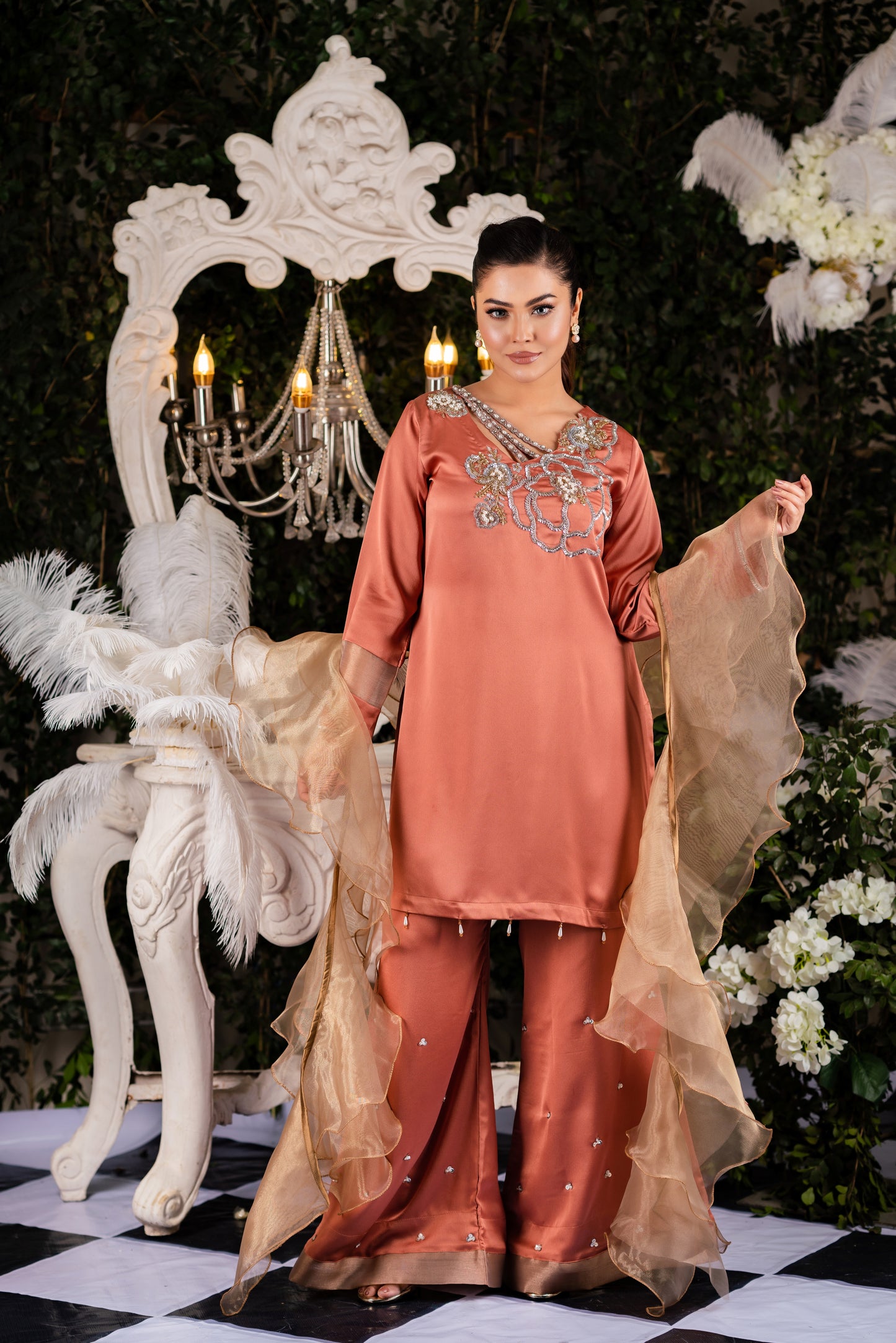 Rose Gold Elegance Embroidered Kameez & Palazzo set