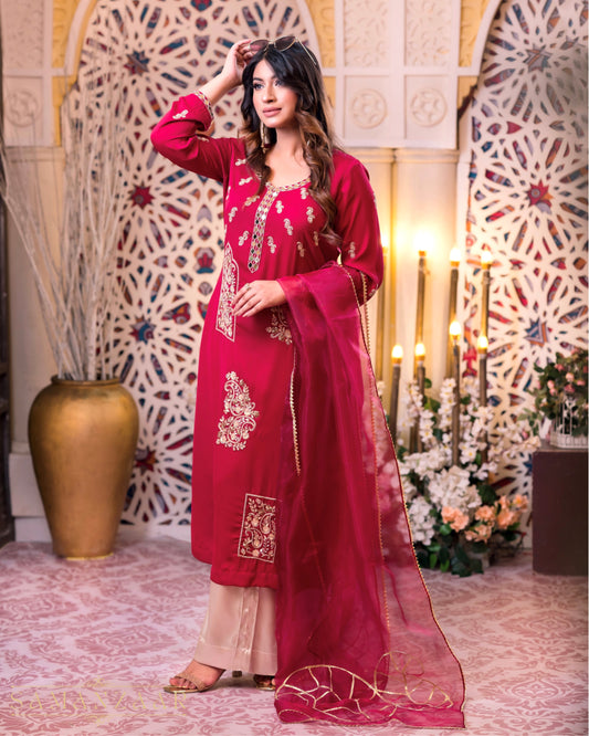 Elegant Crimson Embroidered Kurti Set