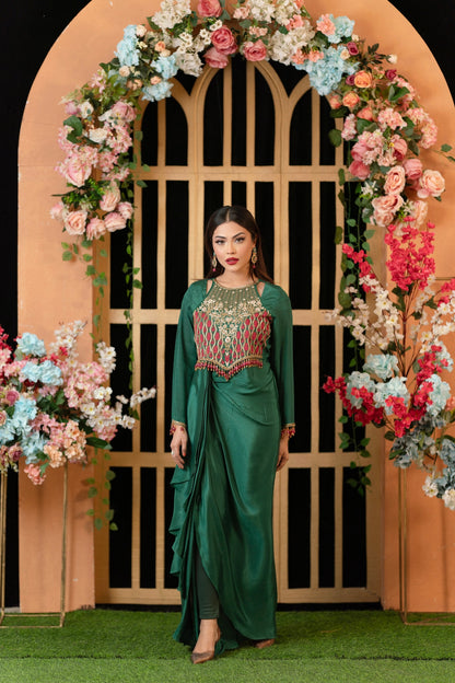 Emerald Drape Embroidered Gown