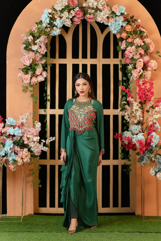 Emerald Drape Embroidered Gown