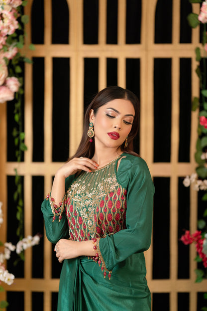 Emerald Drape Embroidered Gown