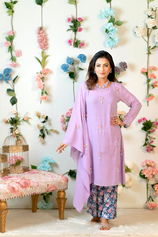 Lilac Crystal Floral Kaftan with Printed Trousers