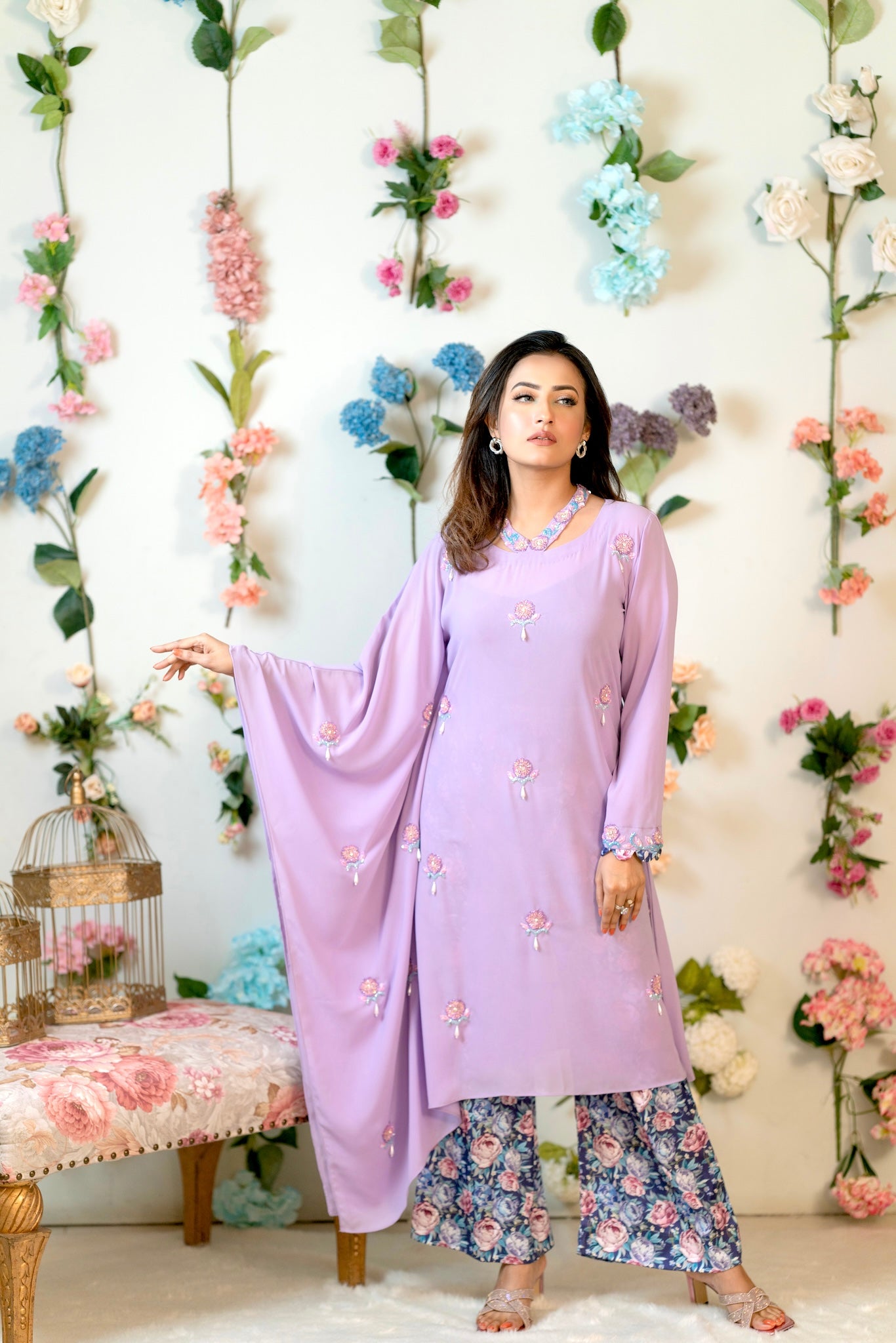 Lilac Crystal Floral Kaftan with Printed Trousers