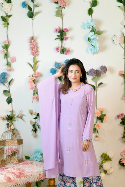 Lilac Crystal Floral Kaftan with Printed Trousers