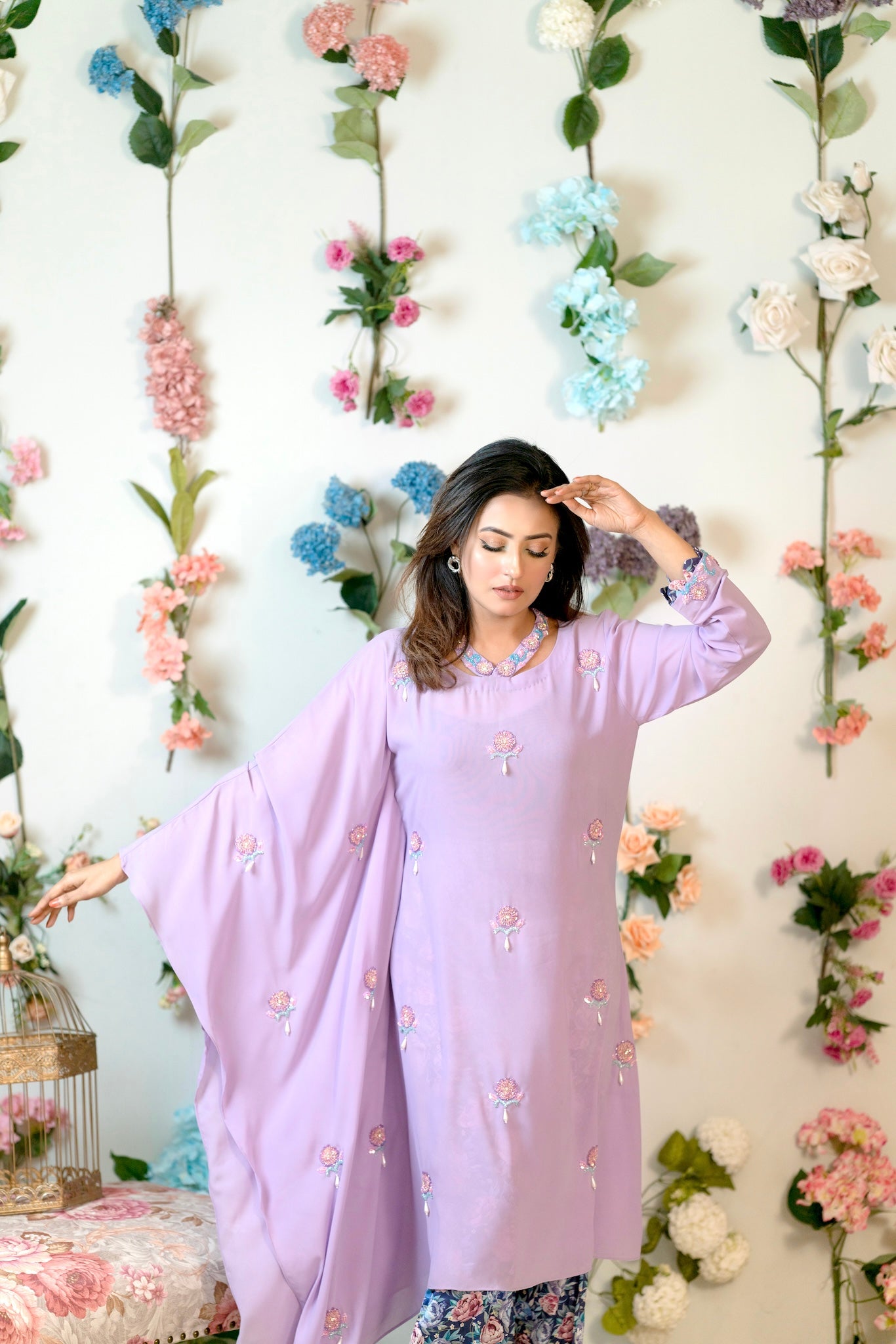 Lilac Crystal Floral Kaftan with Printed Trousers