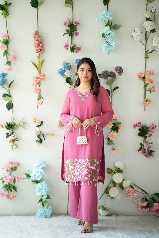 Pink Floral Embroidered Kurti Set