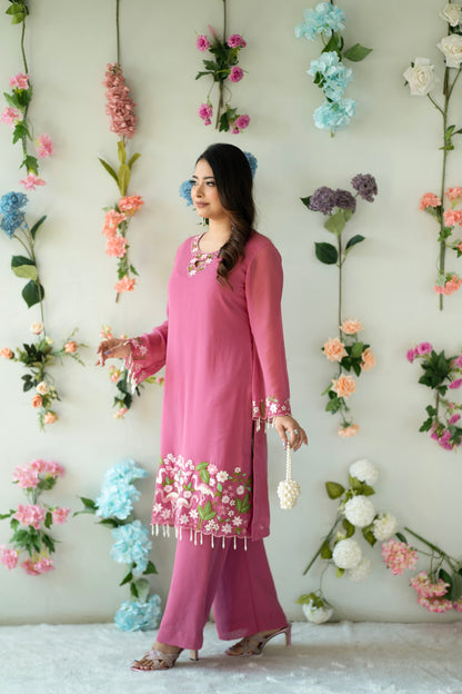 Pink Floral Embroidered Kurti Set