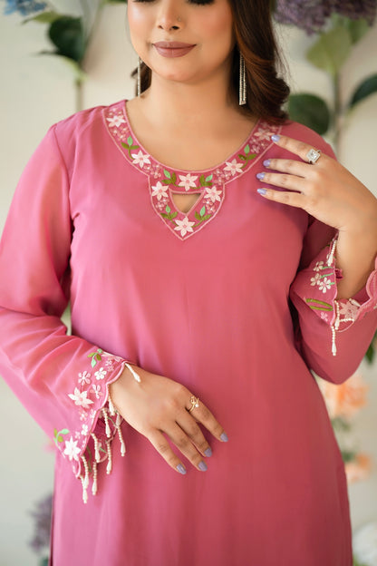 Pink Floral Embroidered Kurti Set