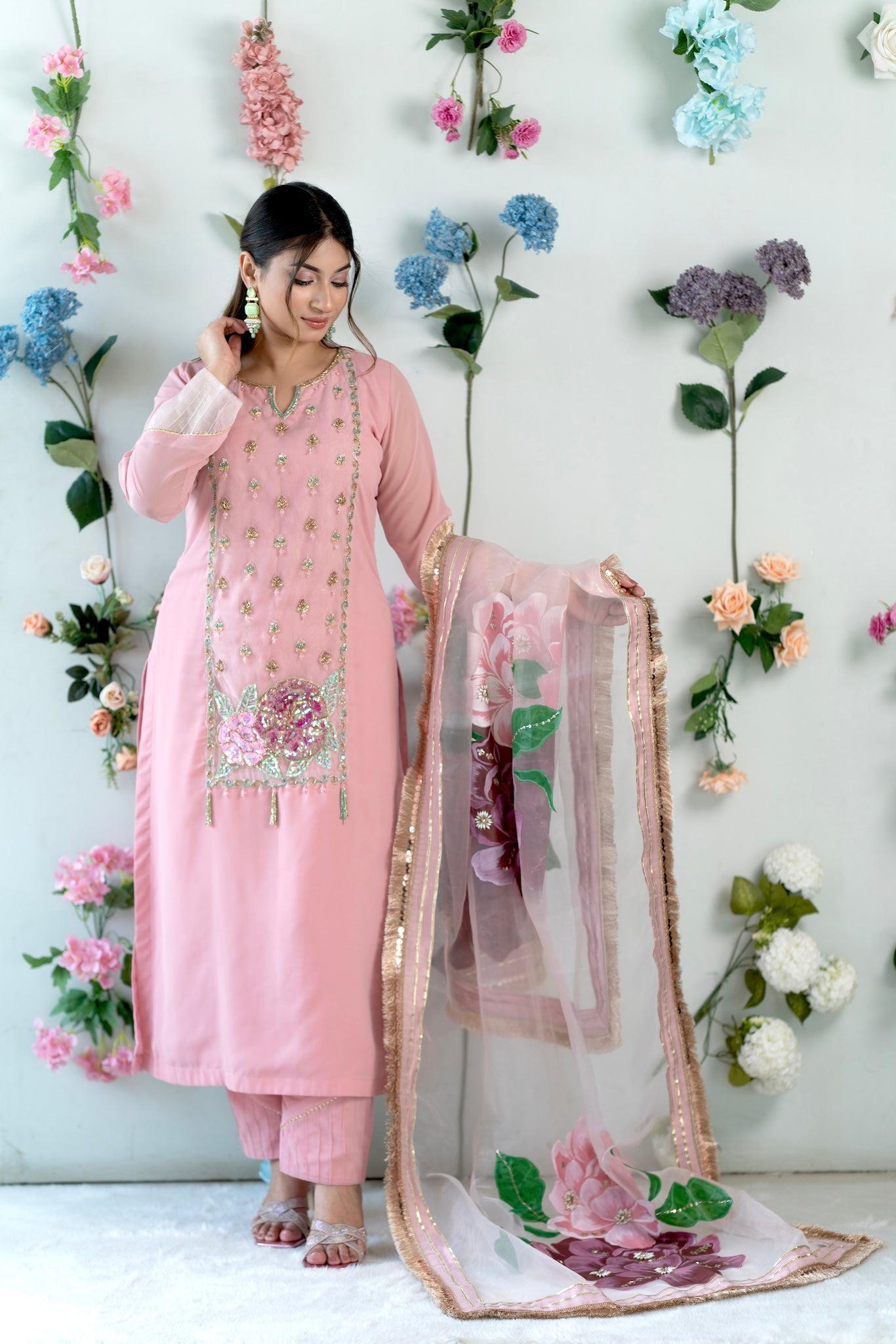 Soft Pink Floral Embroidered Kurti