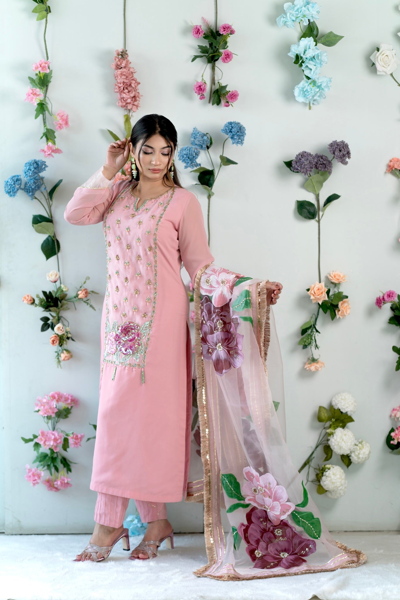 Soft Pink Floral Embroidered Kurti