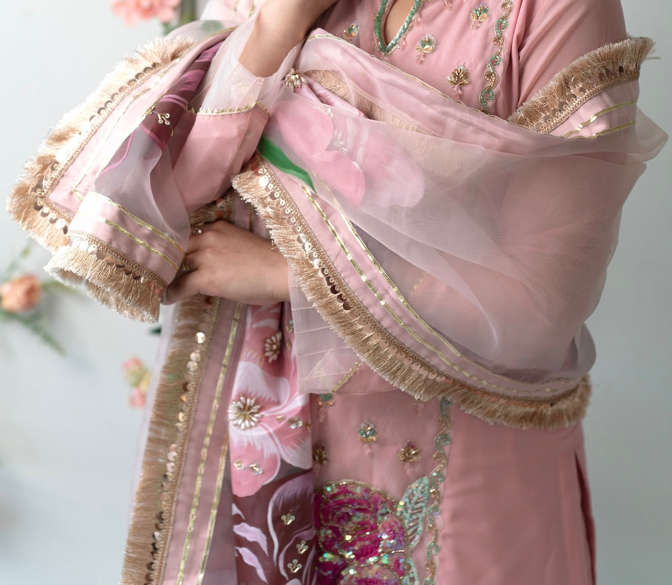 Hand-Painted Floral Dupatta with Beaded Detailing