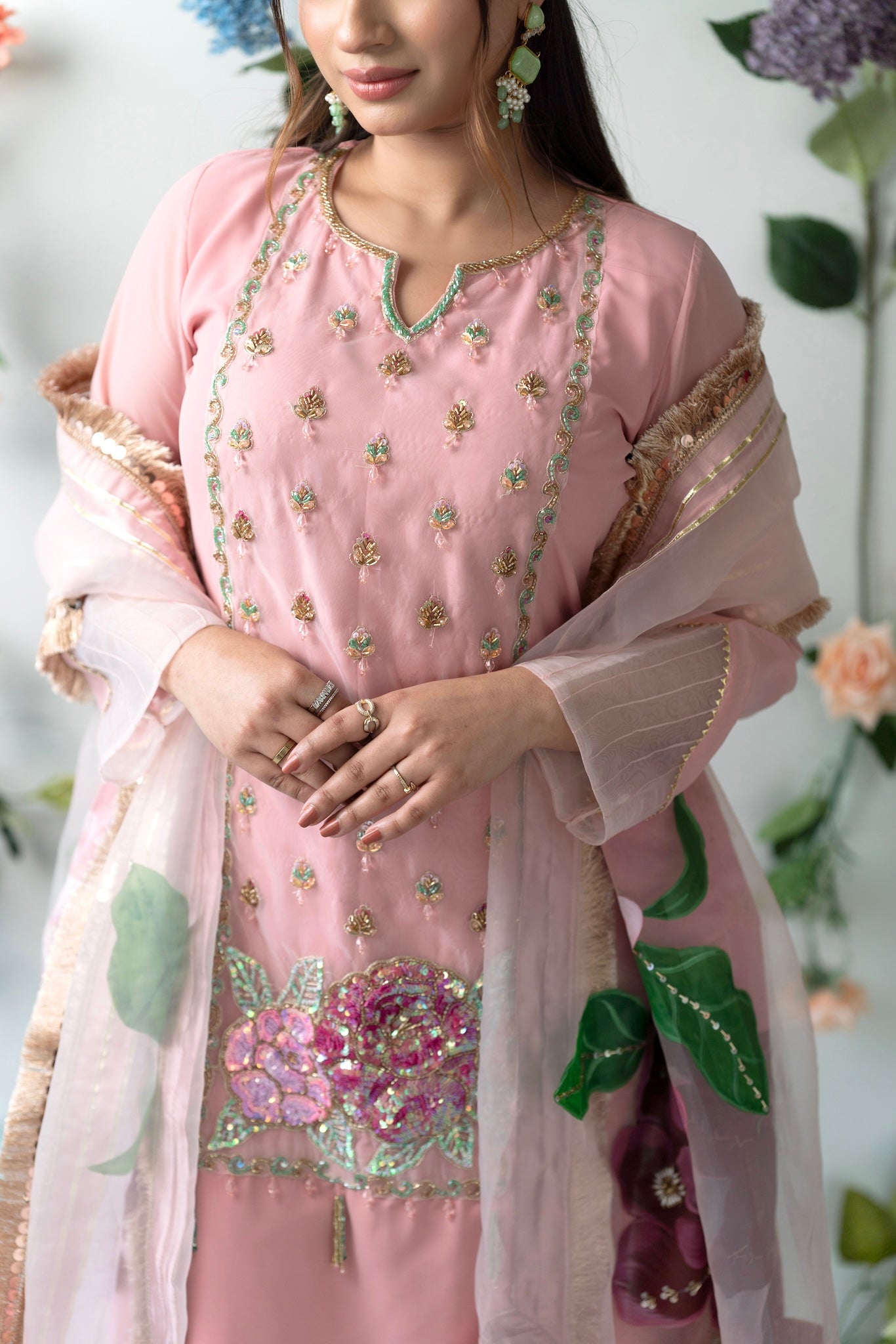 Soft Pink Floral Embroidered Kurti