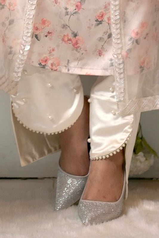 Cream Satin Pants with Pearl Borders