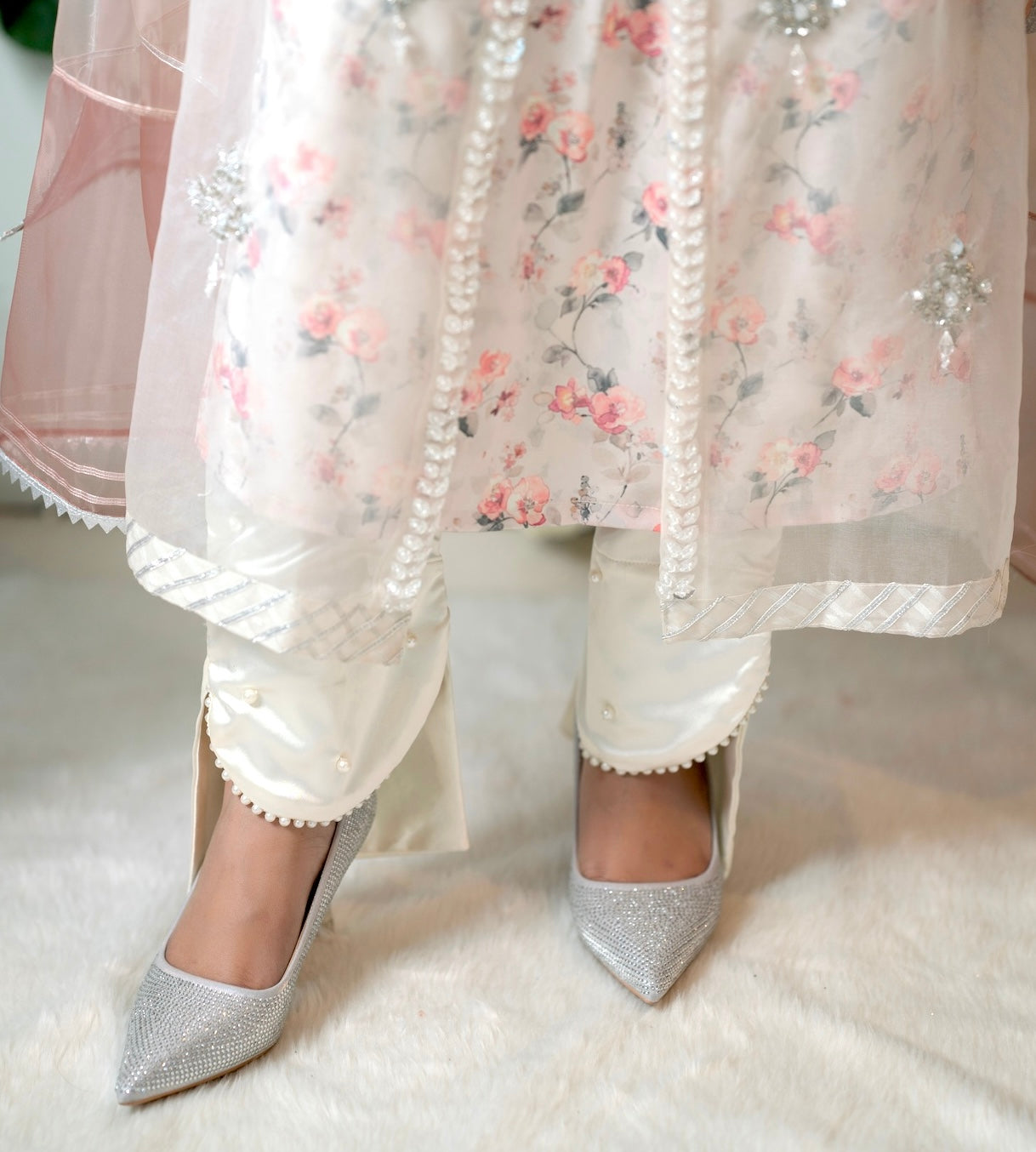 Cream Satin Pants with Pearl Borders