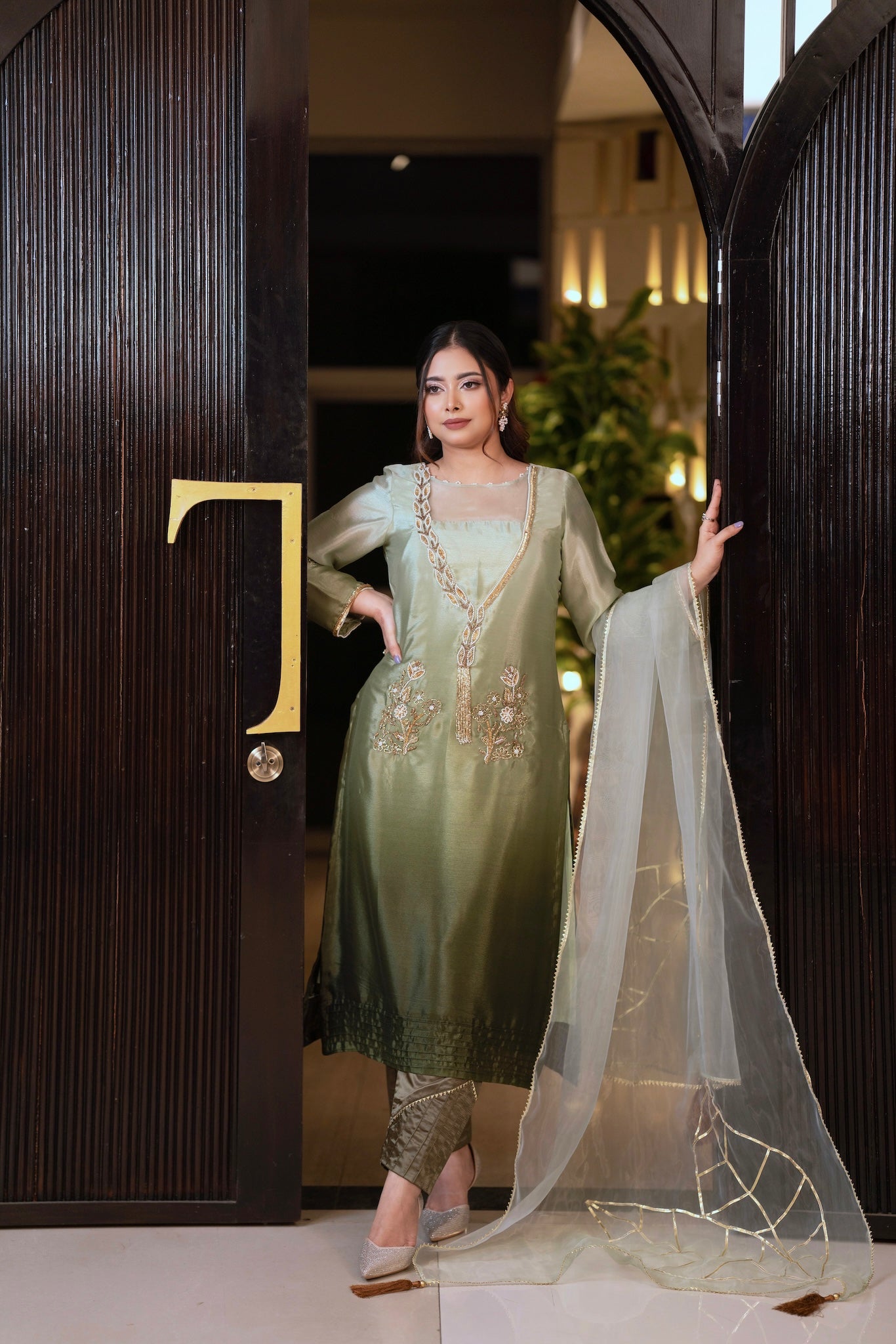 Shaded Olive Green Embroidered Kurti Set