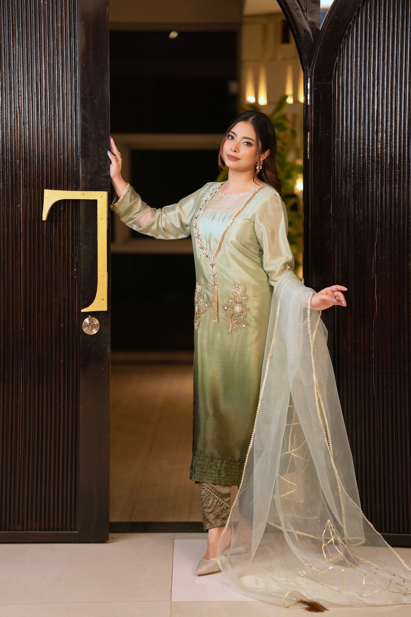 Shaded Olive Green Embroidered Kurti Set